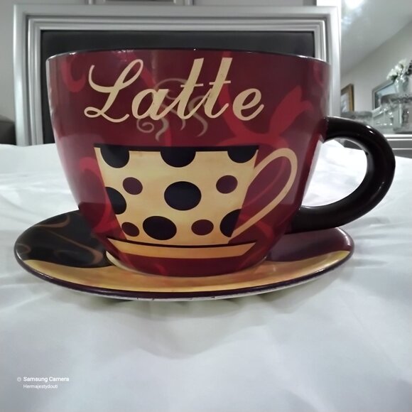 RARE Oversized Heavy Ceramic Latte Cup & Saucer Set Garden Planter Home or Cafe - Picture 4 of 4